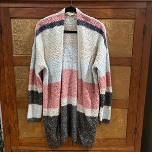 Hem & Thread Cozy Striped Open Cardigan in Pink, Gray & Cream